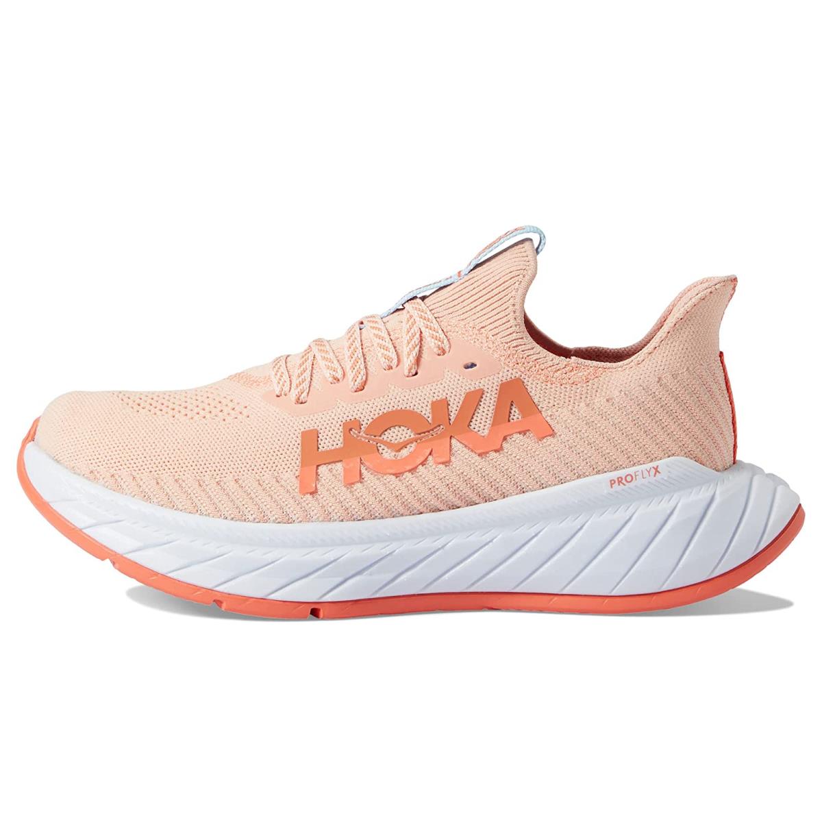 HOKA Carbon X 3 women's running shoe in peach parfait colorway with white midsole