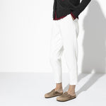 Birkenstock Boston clogs in tobacco brown oiled leather worn with white pants