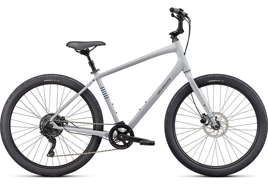 Specialized Roll 3.0 hybrid bike in gloss dove grey with blue accents