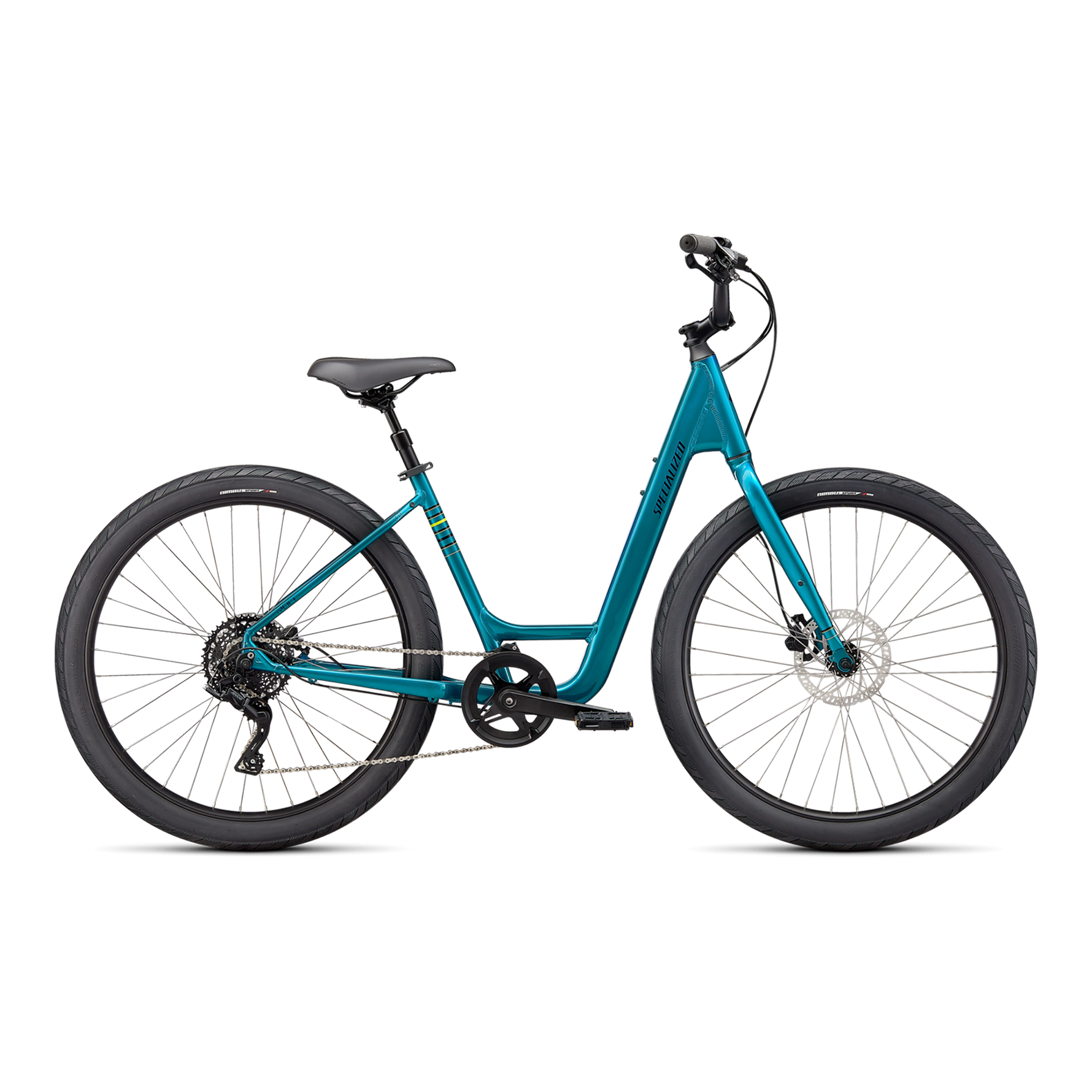 Specialized Roll 3.0 Low Entry bike in gloss teal tint with hyper green and black reflective accents