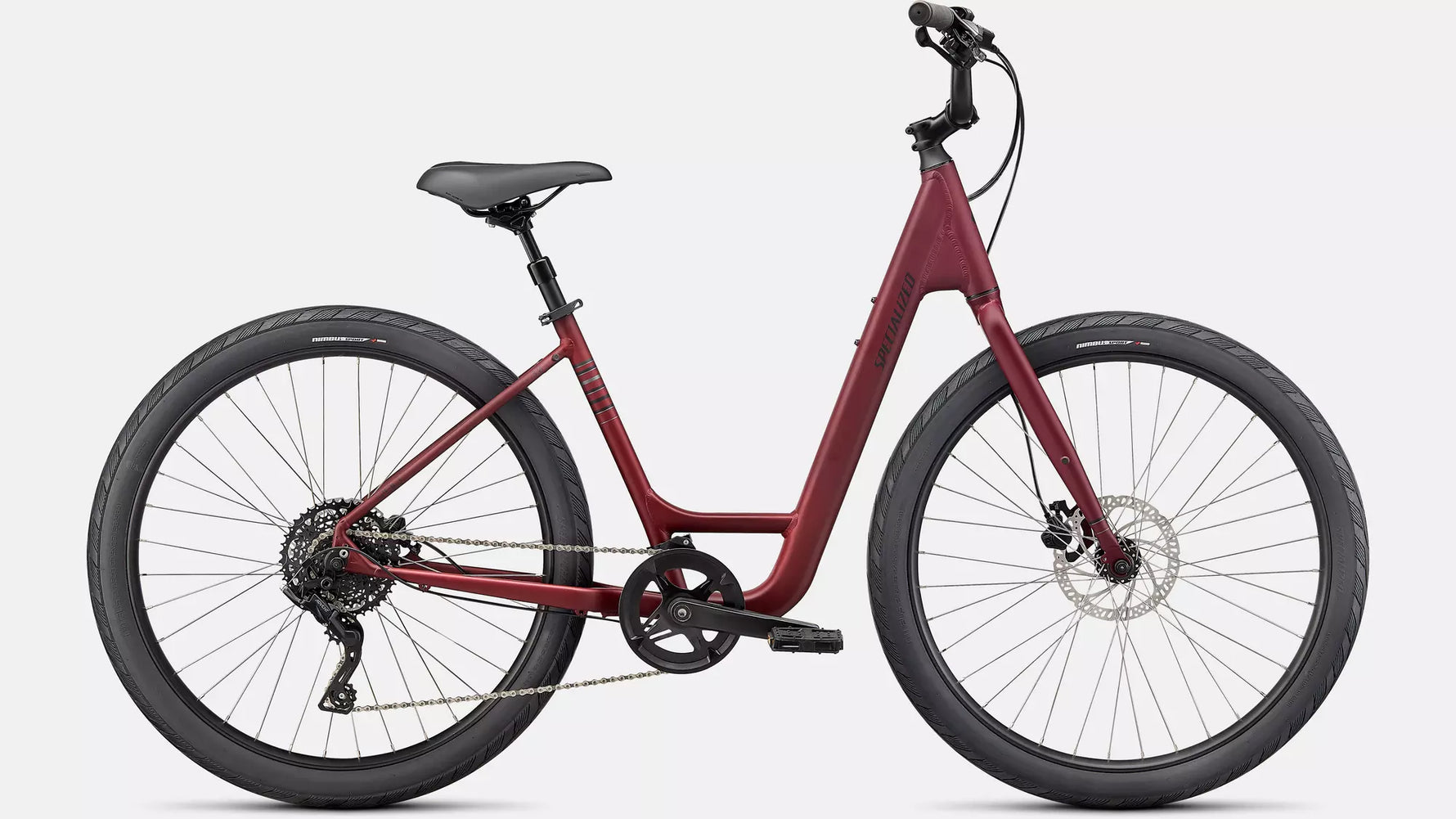 Specialized Roll 3.0 Low Entry bike in satin maroon with charcoal and black reflective details