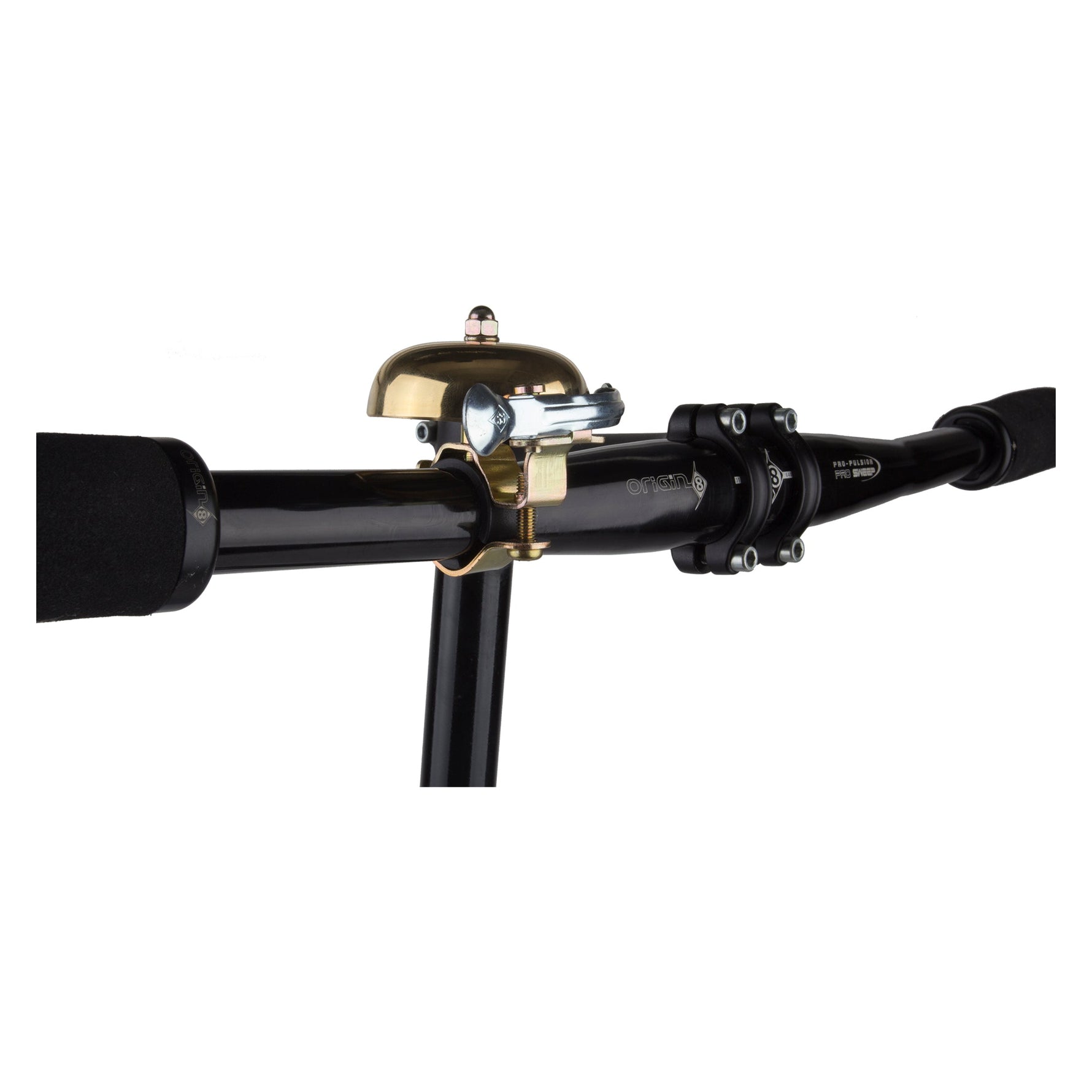 Origin8 brass bicycle bell mounted on black handlebar against white background