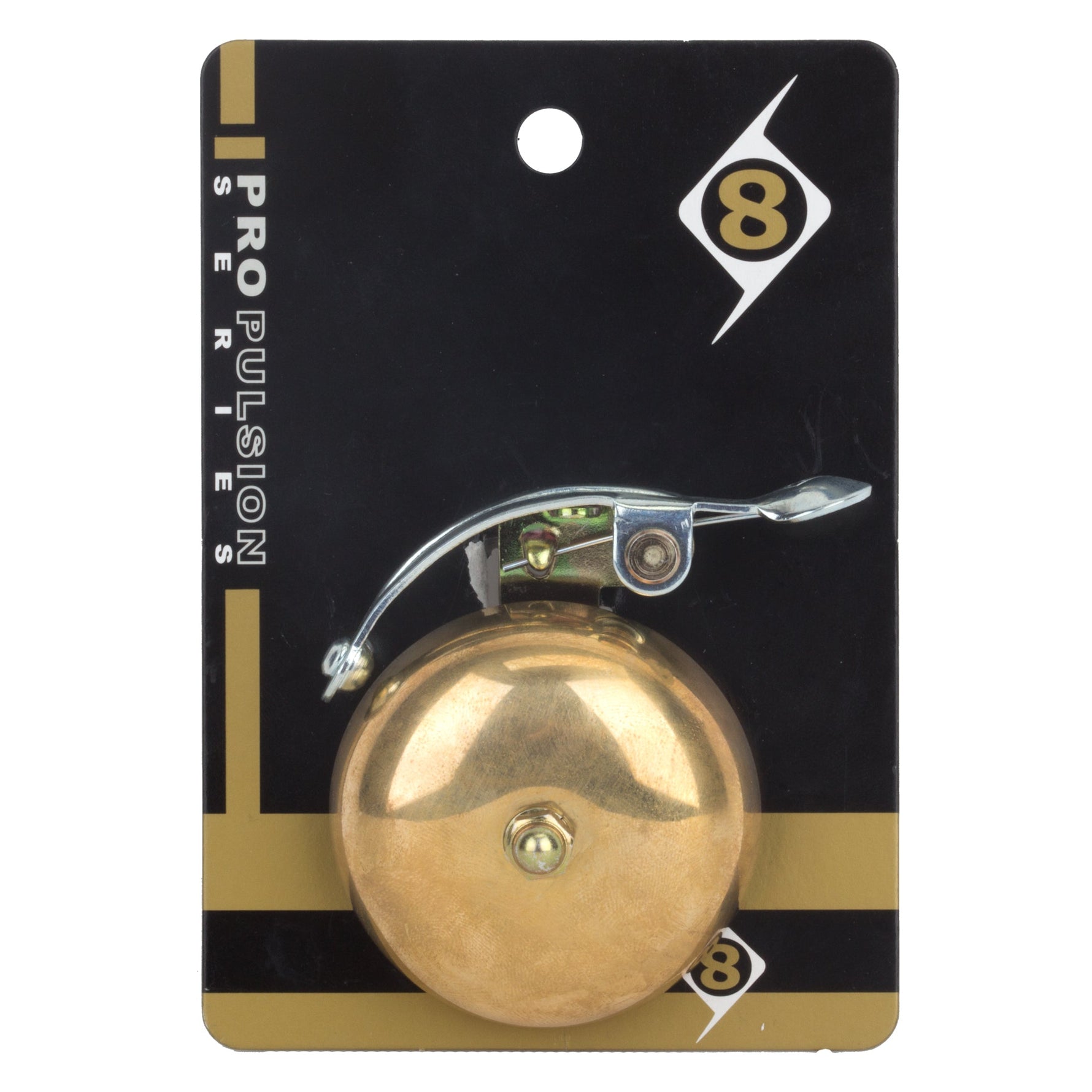 Origin8 Pro Pulsion Series brass bicycle bell with chrome striker lever on retail packaging