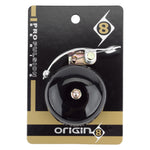 Origin8 black bicycle bell with chrome striker mechanism on retail packaging