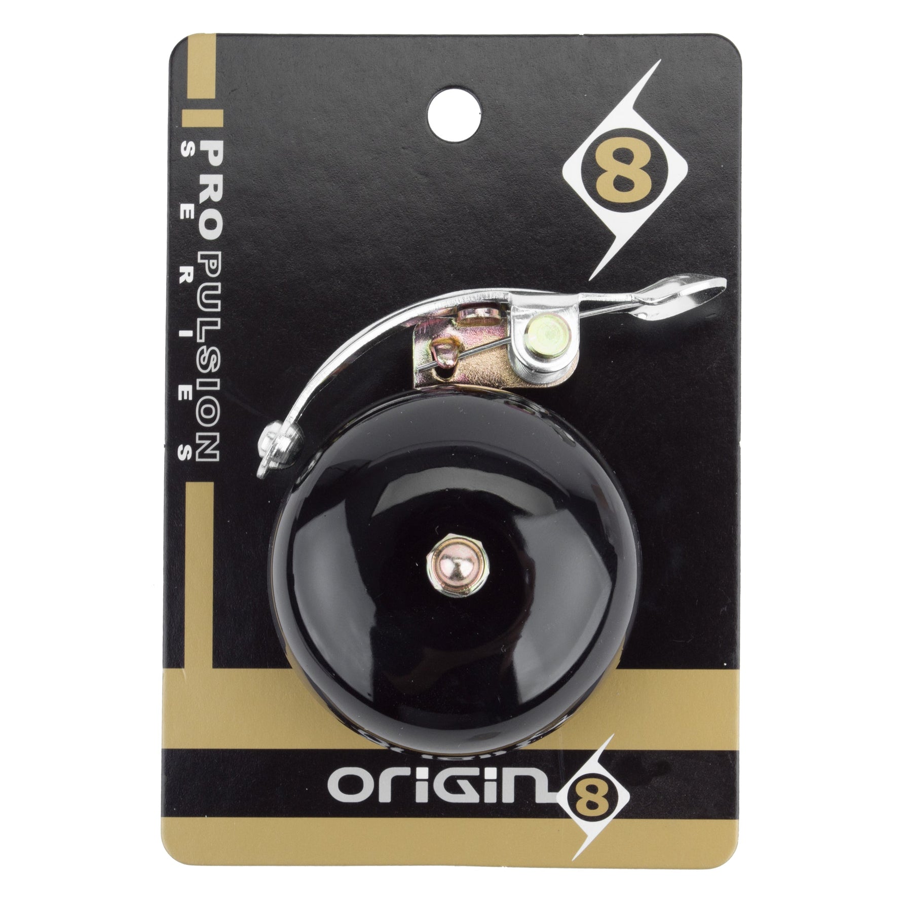 Origin8 black bicycle bell with chrome striker mechanism on retail packaging