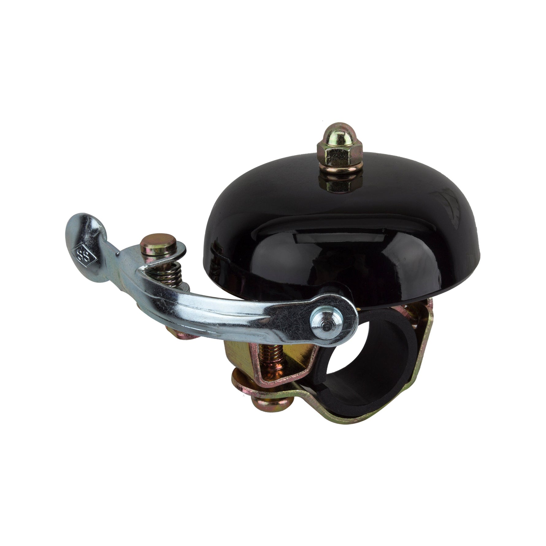 Black bicycle bell with chrome lever and clamp mount mechanism