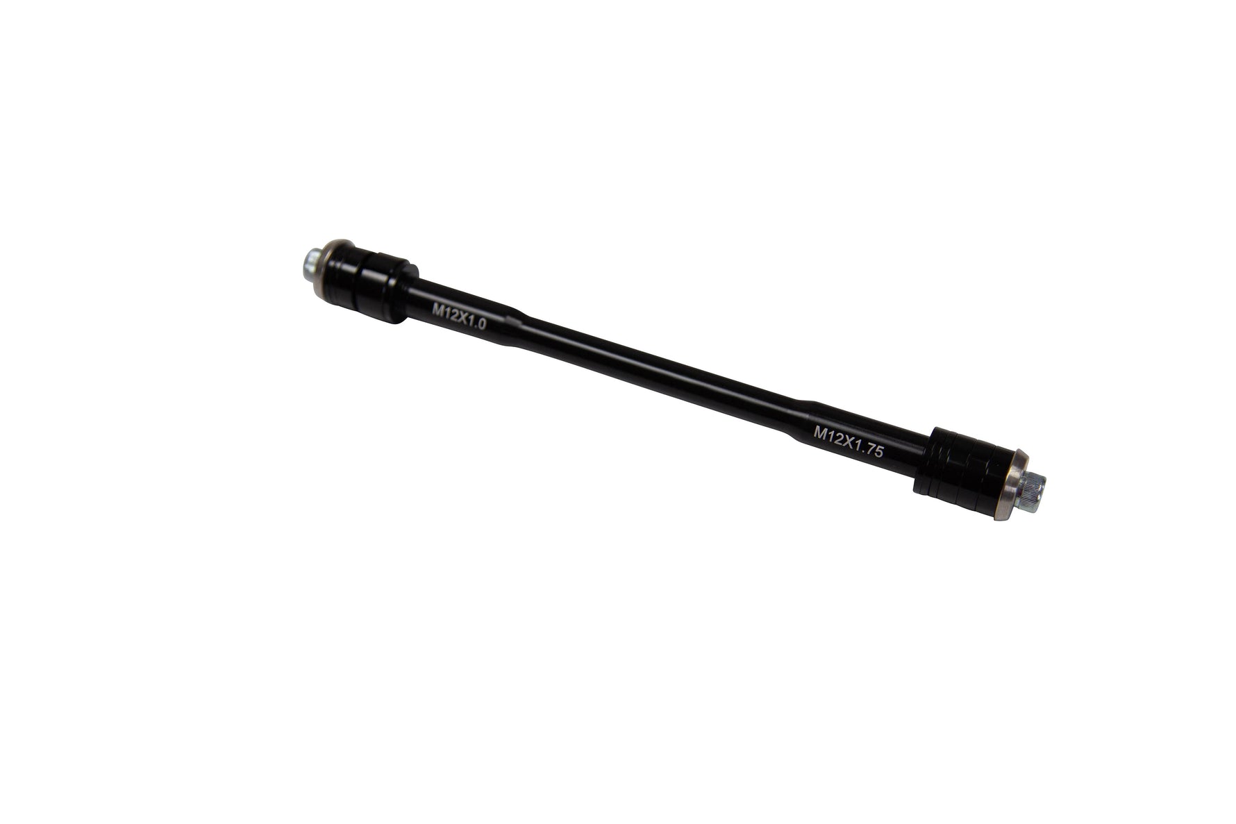 Black Saris thru axle adapter with threaded ends and metric markings