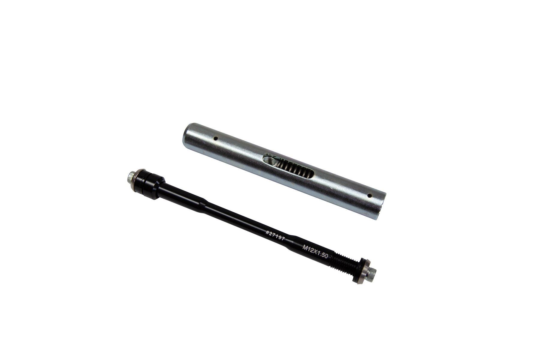Saris trainer thru axle adapter with silver sleeve and black threaded rod