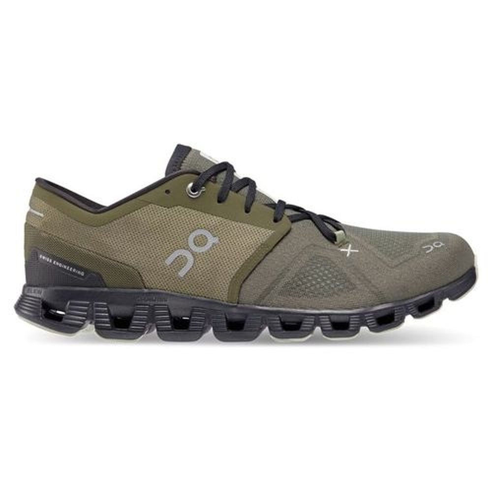 On Cloud X 3 men's running shoes in olive green with black sole