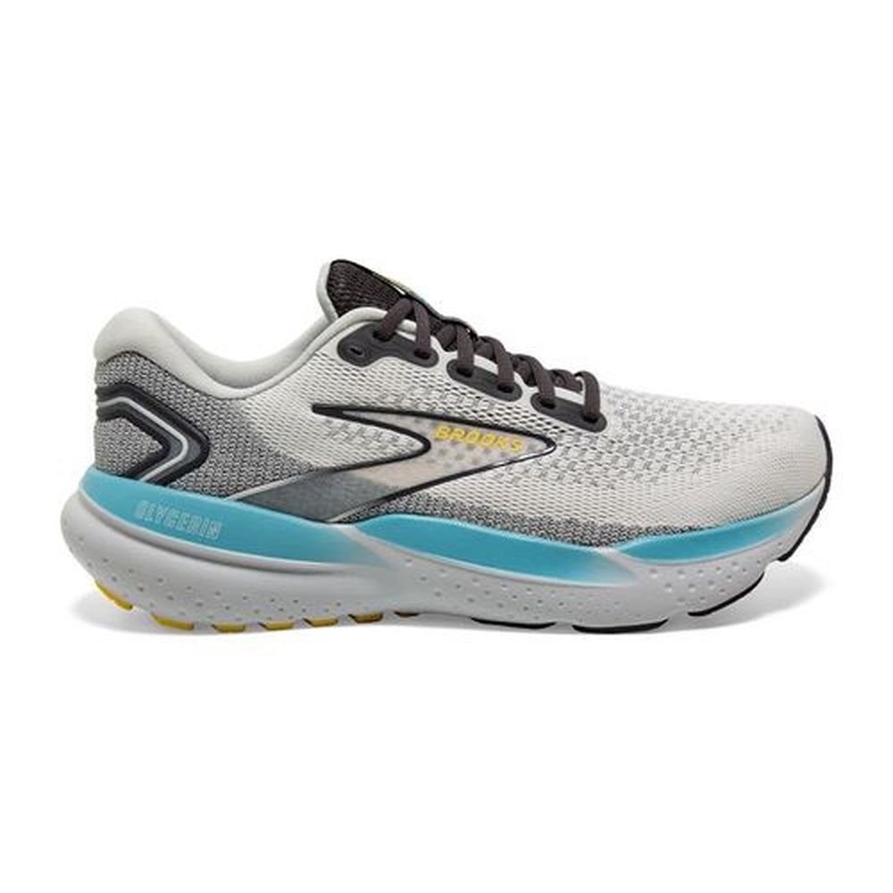 Brooks Glycerin 21 men's running shoe in coconut gray with turquoise and yellow accents