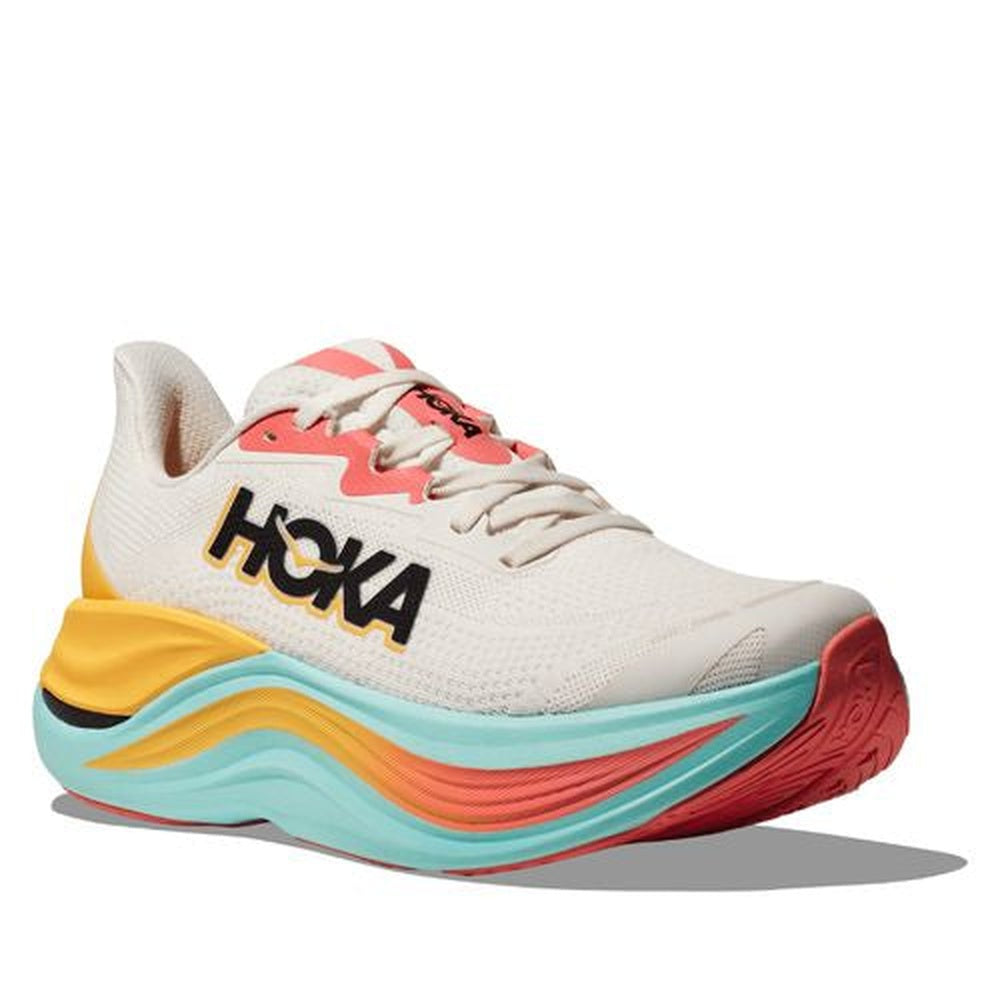Hoka Skyward X women's running shoes in white with colorful coral and turquoise accents