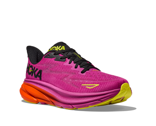 HOKA Clifton 9 women's running shoe in bright fuchsia with black details