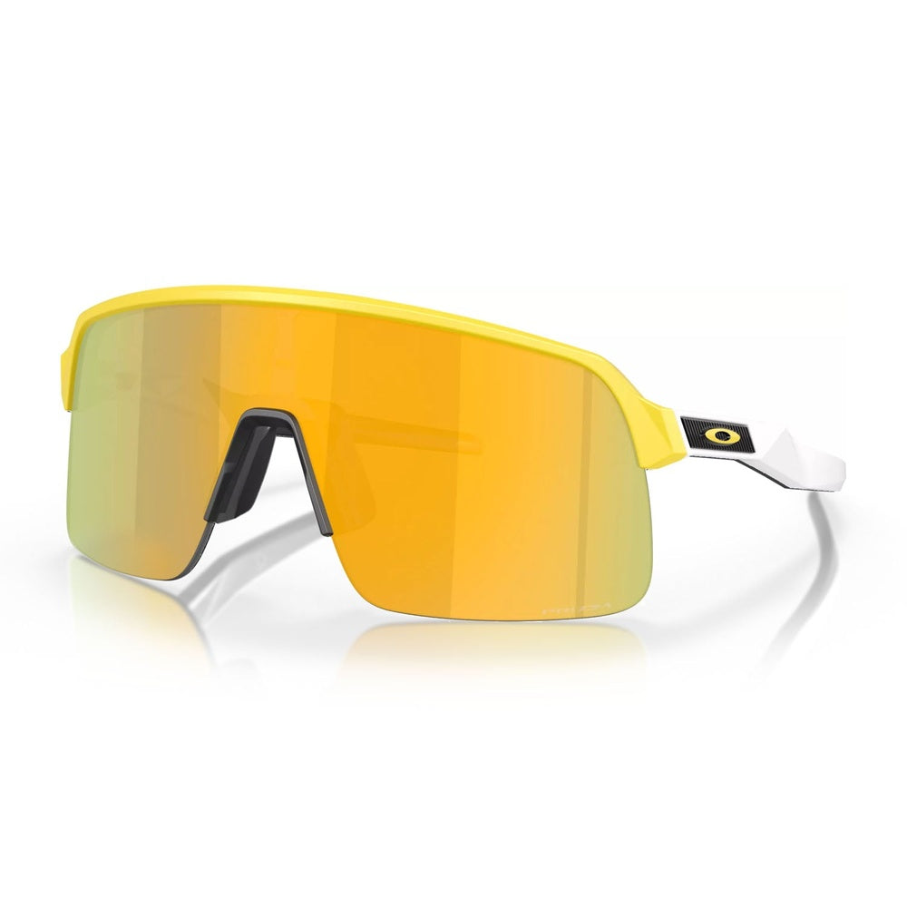 Oakley Sutro Lite sunglasses in matte yellow with Prizm 24K gold mirror lens, angled view