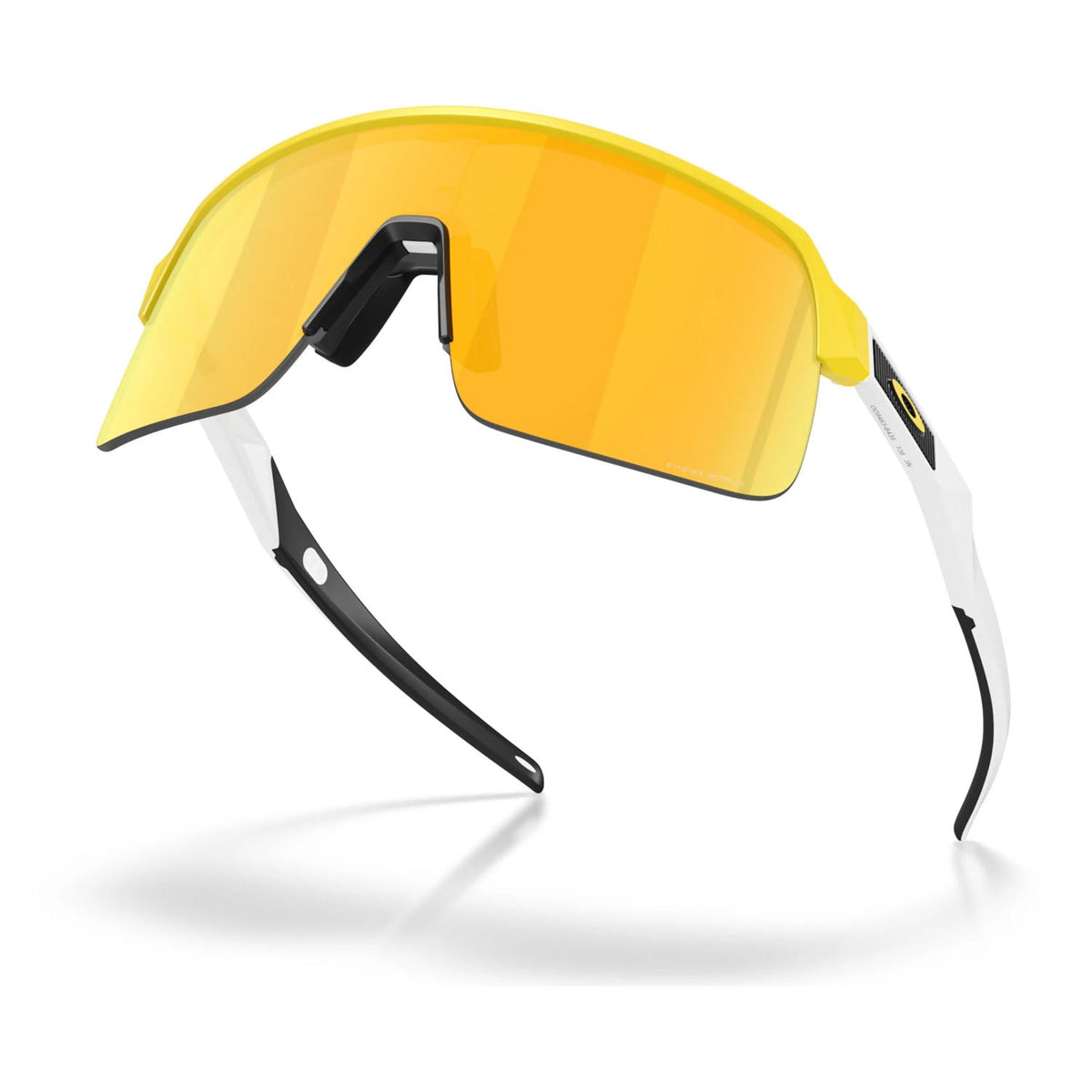 Oakley Sutro Lite matte yellow sunglasses with Prizm 24K lens floating at dynamic angle on white background