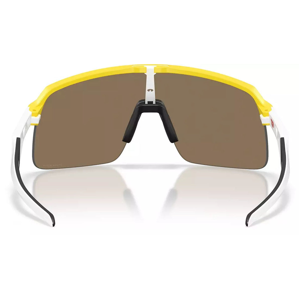 Oakley Sutro Lite matte yellow sunglasses viewed from rear showing lens interior and white temples