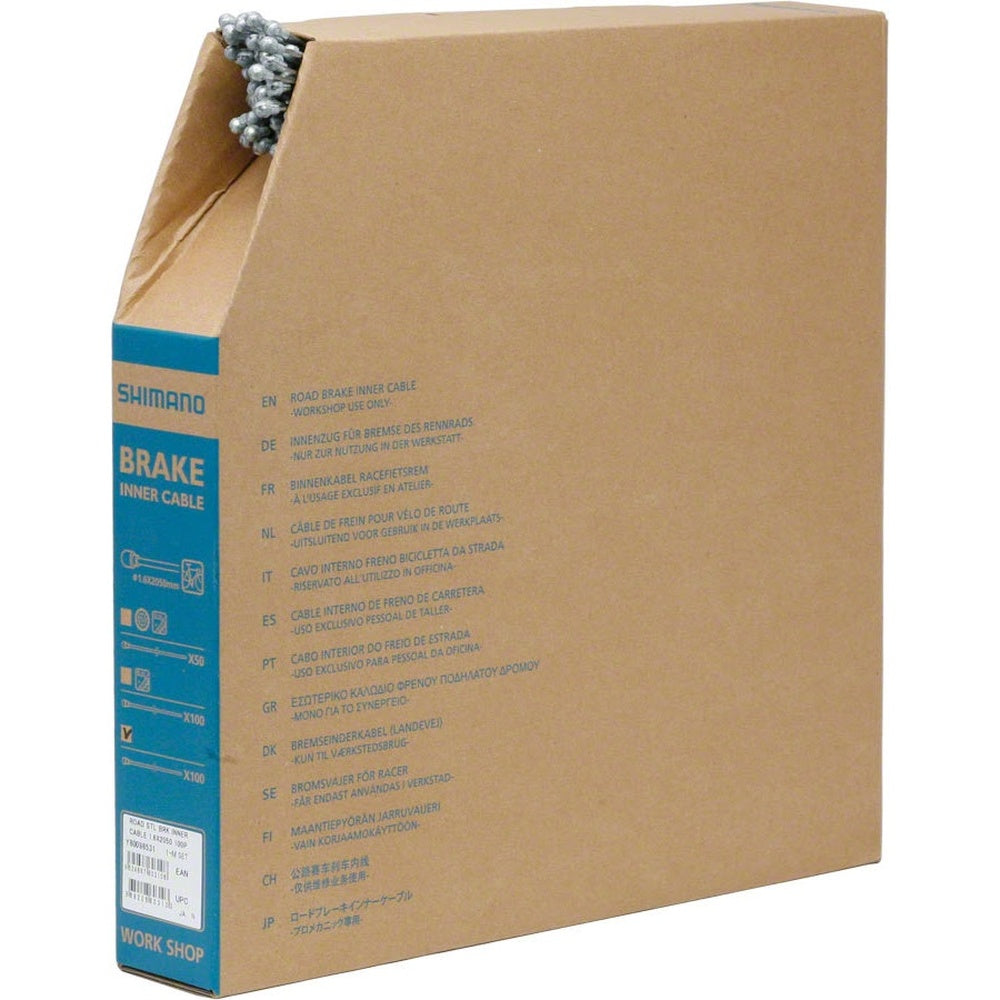 Shimano brake inner cable in cardboard packaging box with steel cables visible