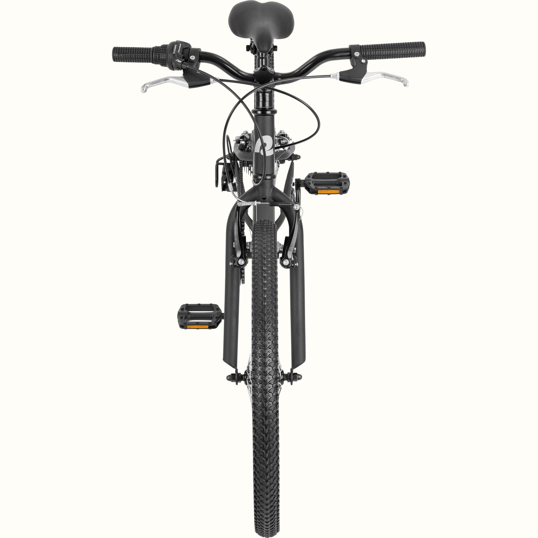 Retrospec Dart 24-inch matte black kids mountain bike, front view, 7-speed