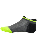 Feetures Elite Max Cushion Tab running sock in gray with neon green toe and trim