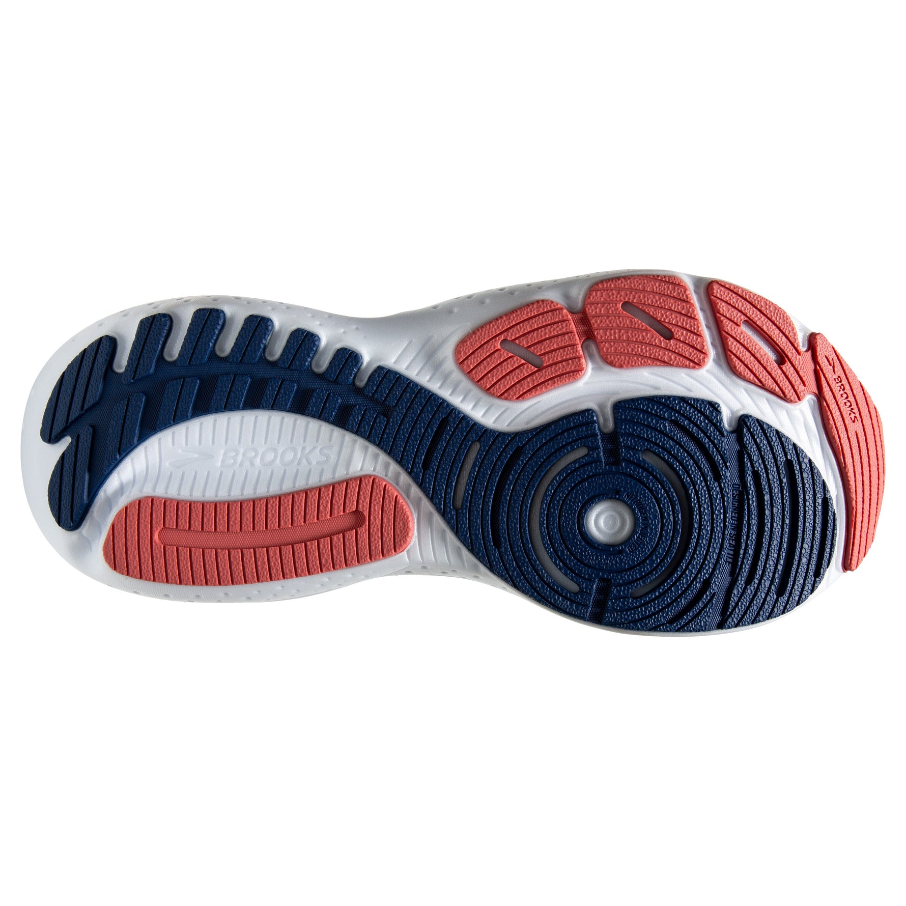 Brooks Glycerin 21 running shoe sole featuring blue and coral tread pattern