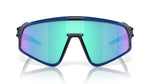 Oakley sport sunglasses with navy frame and iridescent blue-green mirrored lenses