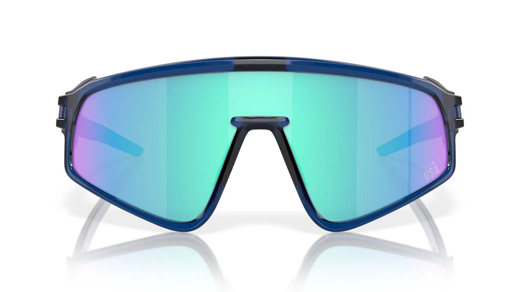 Oakley sport sunglasses with navy frame and iridescent blue-green mirrored lenses