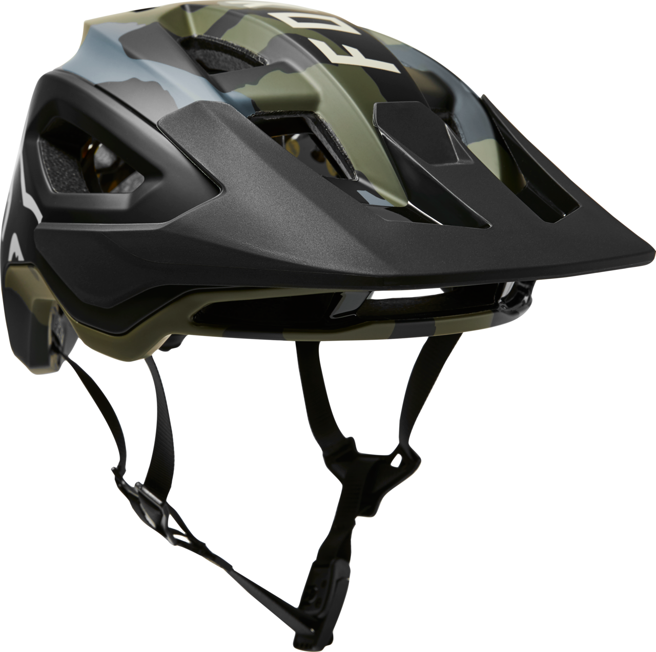Fox Racing Speedframe Pro mountain bike helmet in green camouflage pattern with black visor