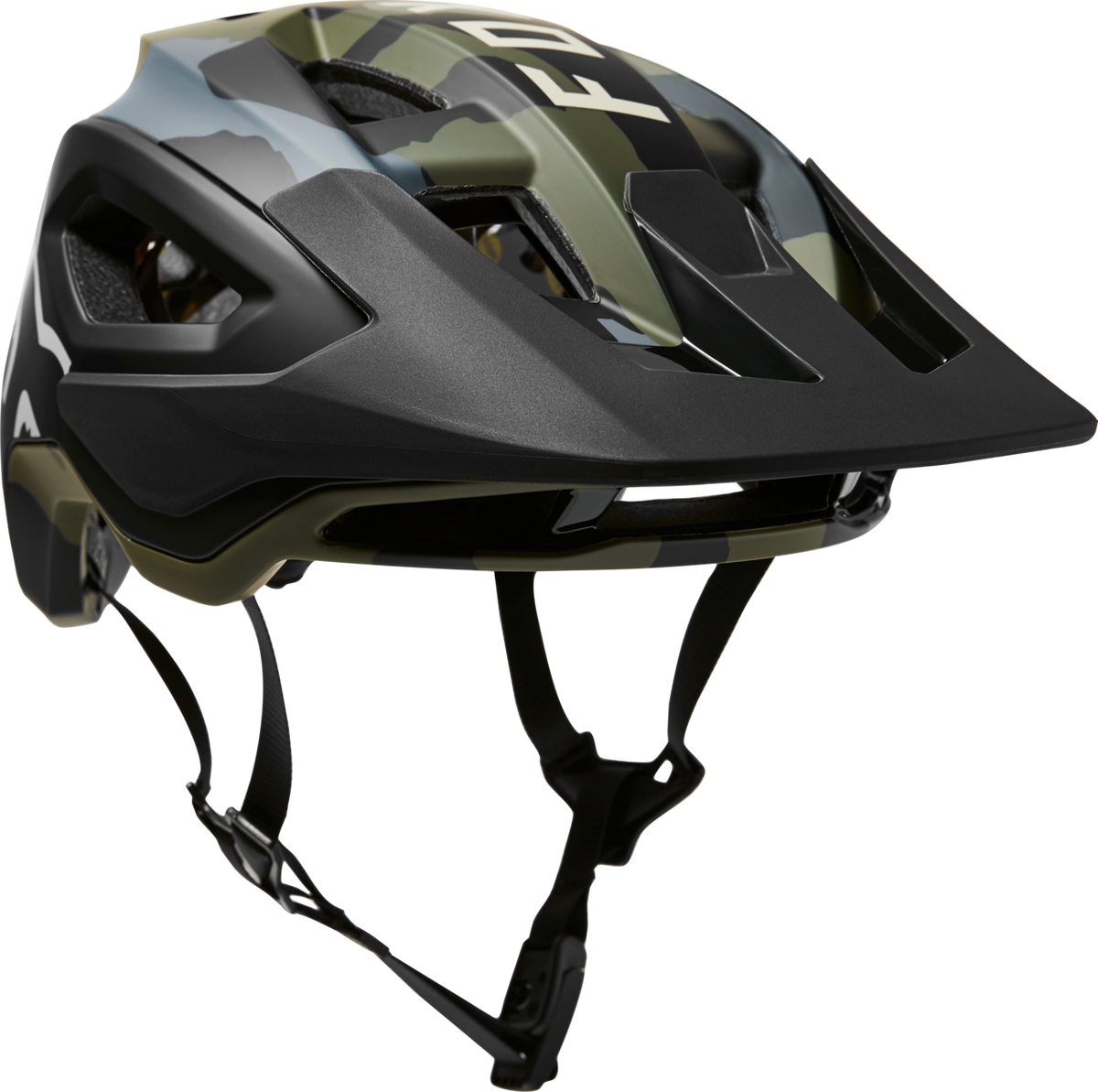 Fox Racing Speedframe Pro mountain bike helmet in green camouflage pattern with black visor