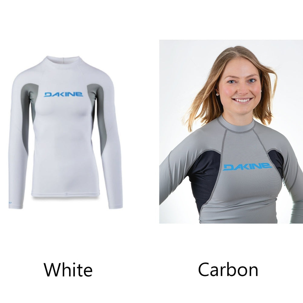 Dakine long sleeve rashguard in white and carbon colorways with blue logo