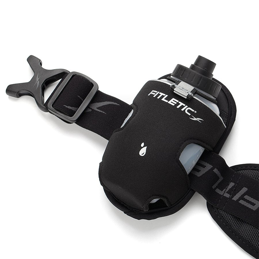 Fitletic black water bottle holster attached to running belt shown at close angle