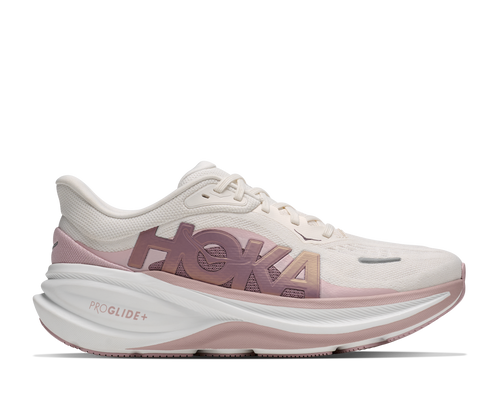 HOKA Clifton Pro GLM running shoe in Alabaster and Pink Opal colorway, lateral view