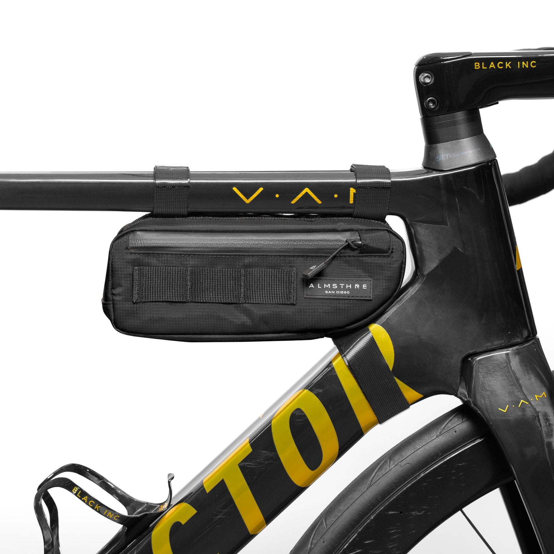 ALMSTHRE black compact frame bag mounted on bicycle top tube