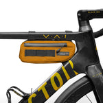 Orange Almsthre compact frame bag mounted on black bicycle frame