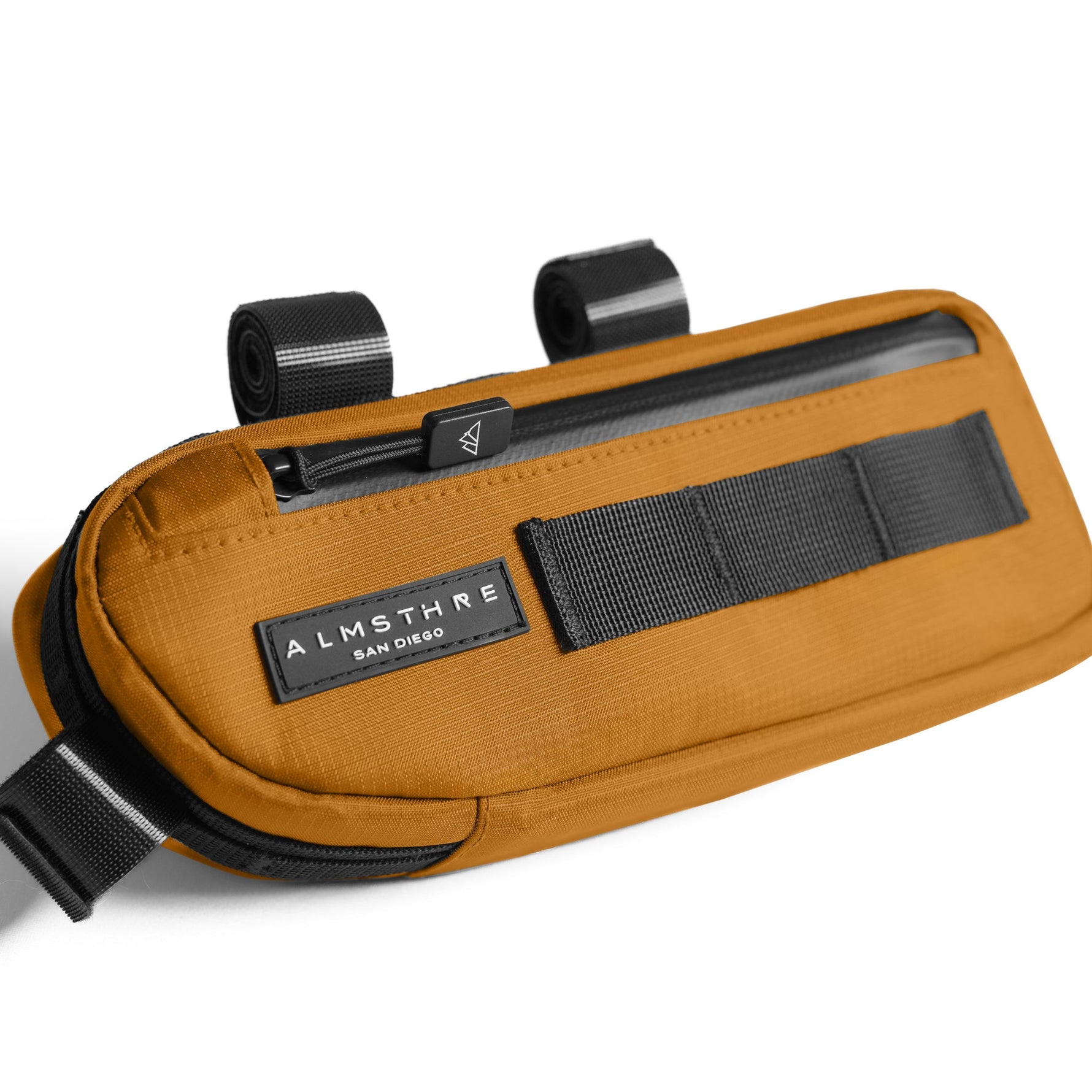 Orange ALMSTHRE bicycle frame bag with black straps and carbon fiber detail