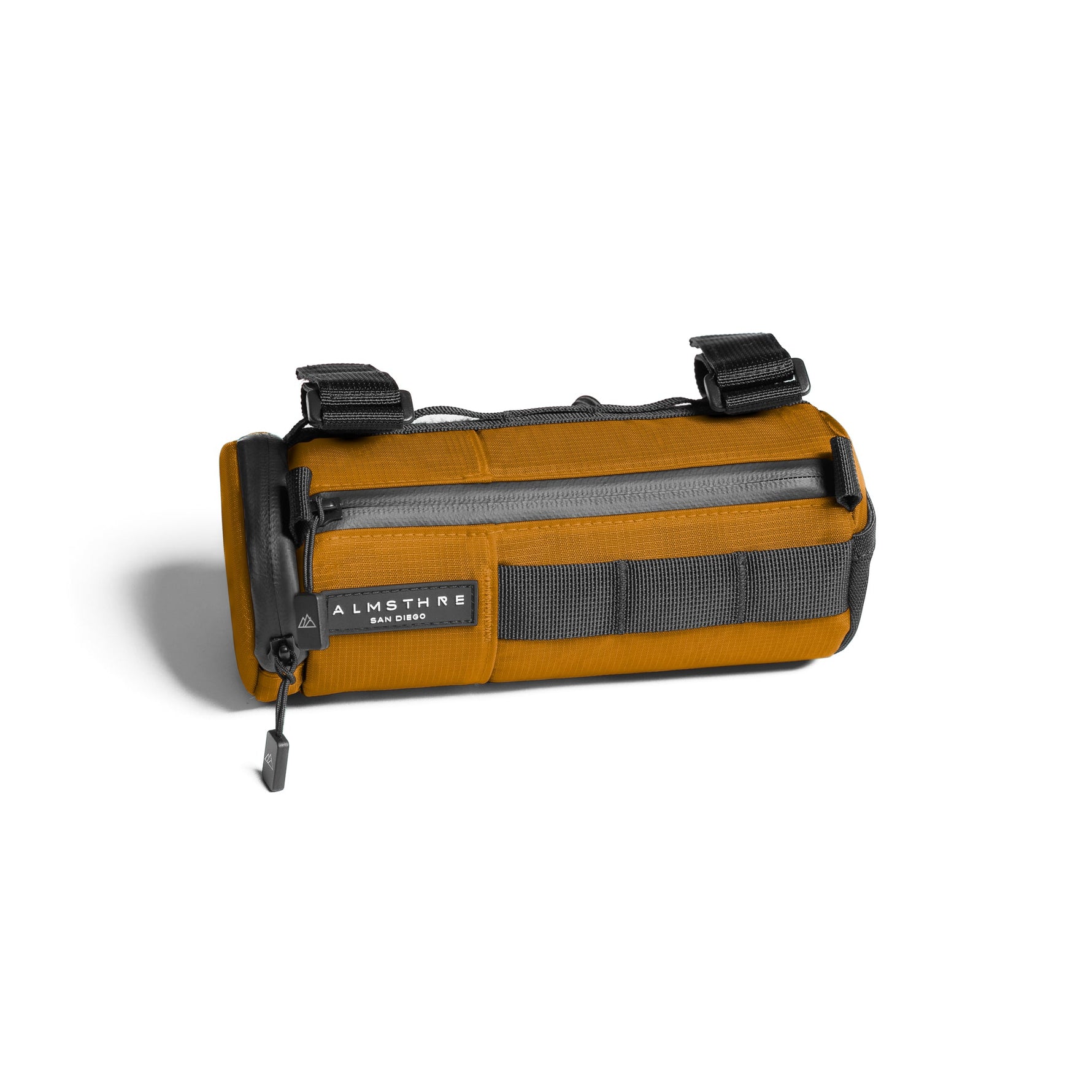 Almsthre Compact Bar Bag in California Gold with gray straps and zippers