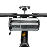 ALMSTHRE compact bar bag in sterling silver mounted on bicycle handlebars