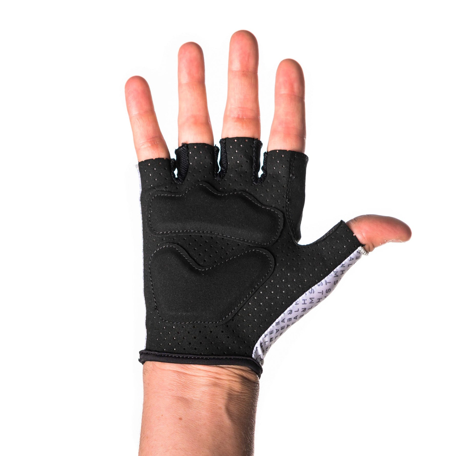 Black fingerless cycling glove with padded palm and white accent pattern on thumb
