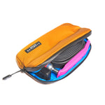 Orange zippered wallet case opened showing colorful contents against white background