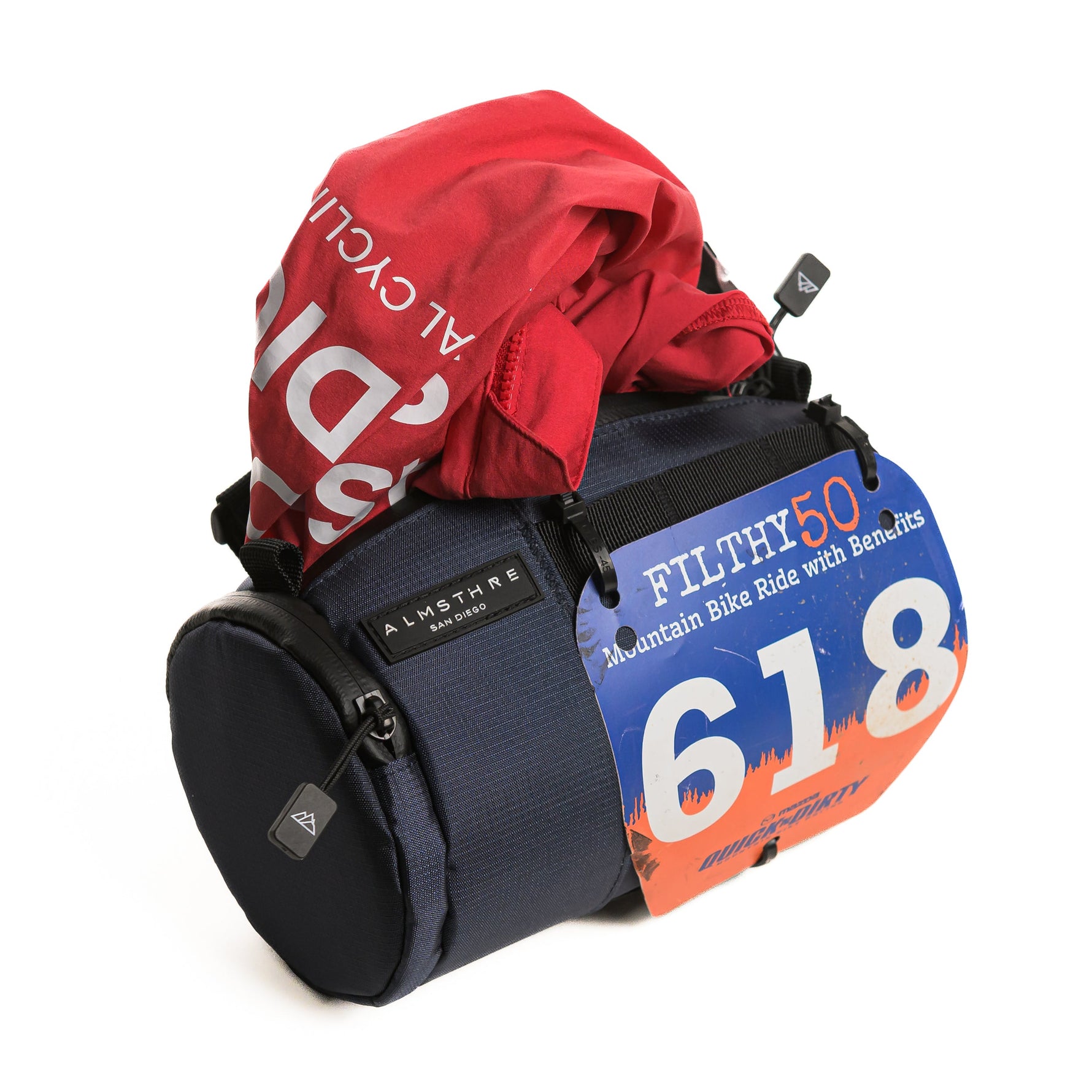 ALMSTHRE navy blue bar bag with cycling jersey and race number bib