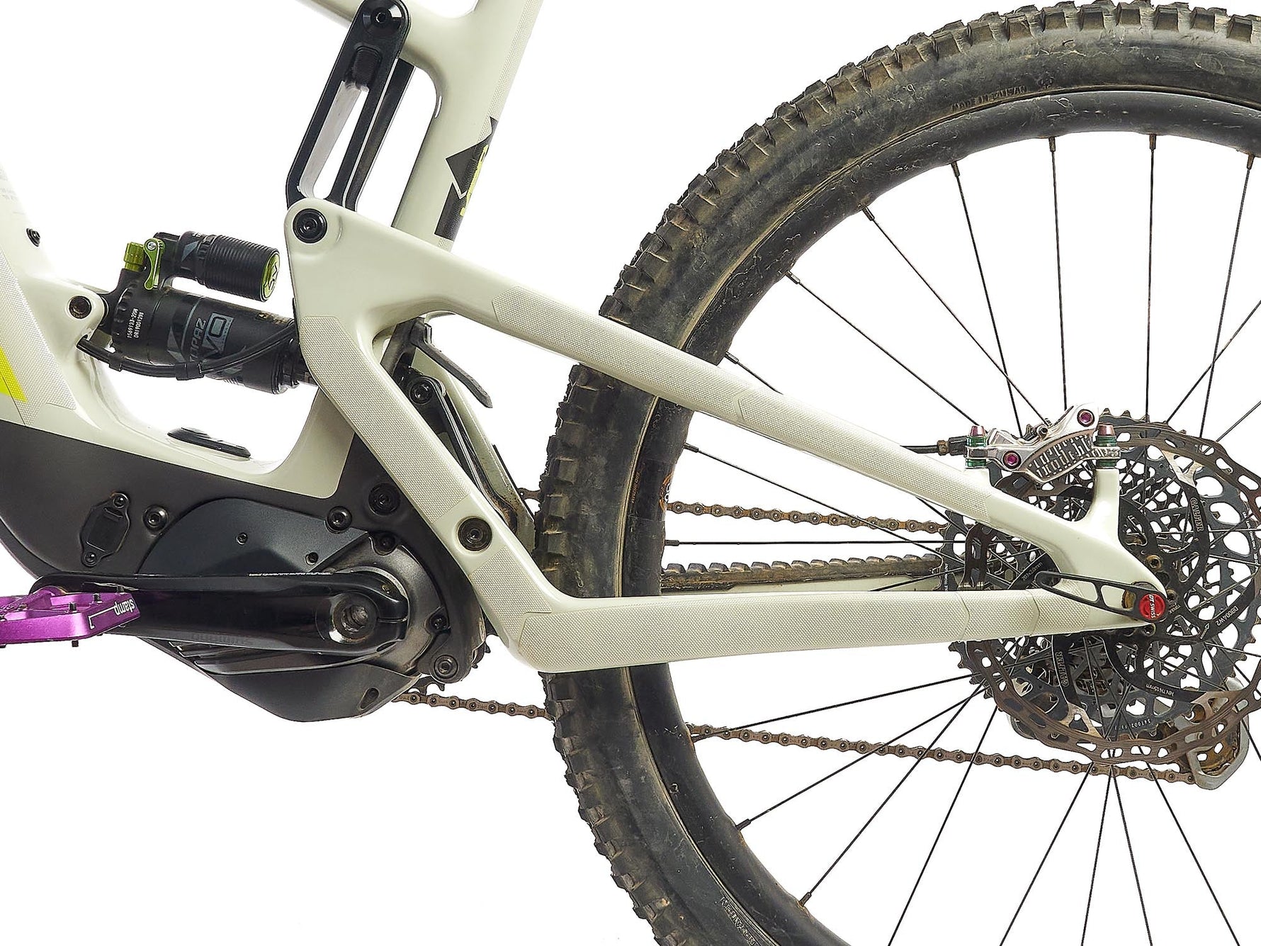 Clear AMS frame guard protection film installed on white mountain bike frame