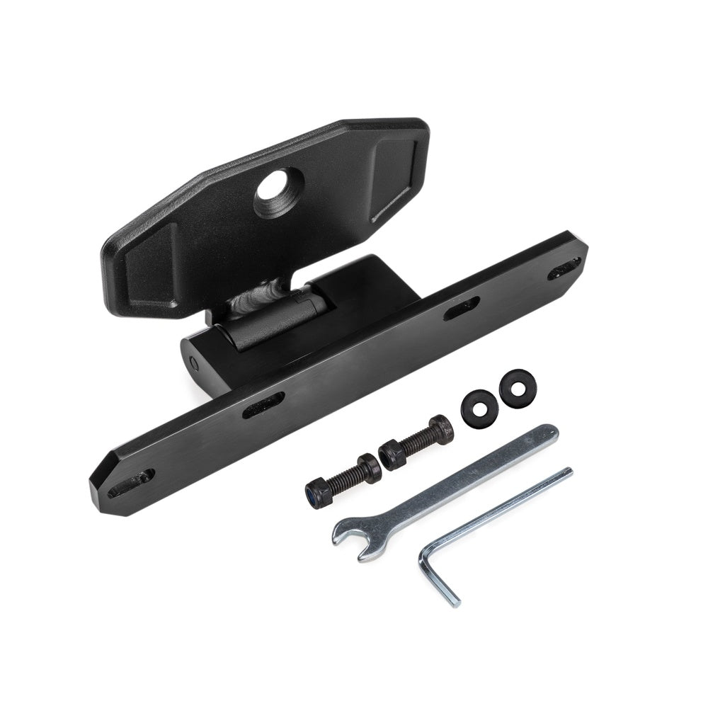 Black Kuat license plate mount with mounting hardware and tools on white background