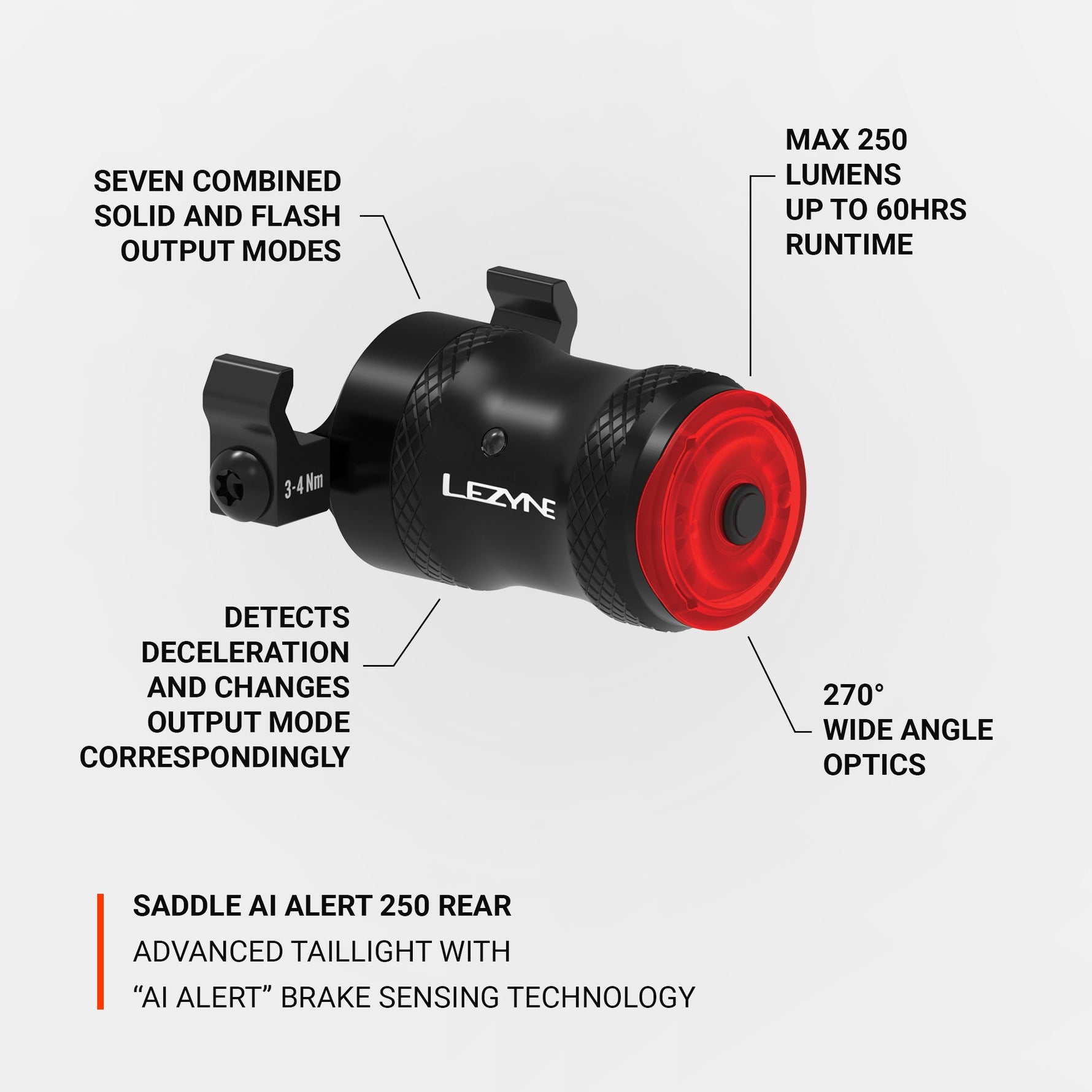 Lezyne Saddle Ai Alert 250 rear bike light with red lens and feature callouts