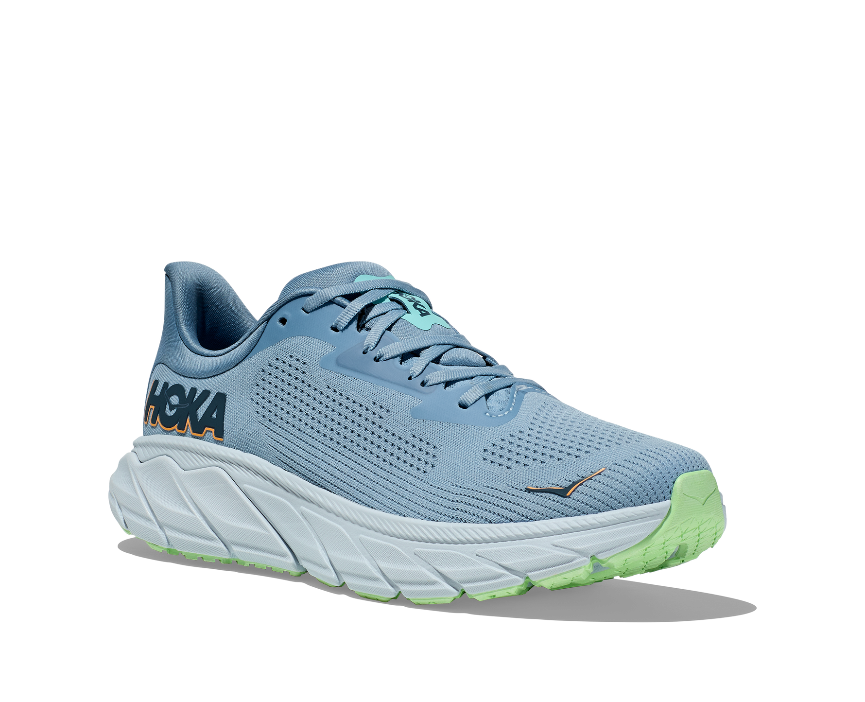 Hoka Arahi 7 men's running shoe in shadow blue colorway with green outsole