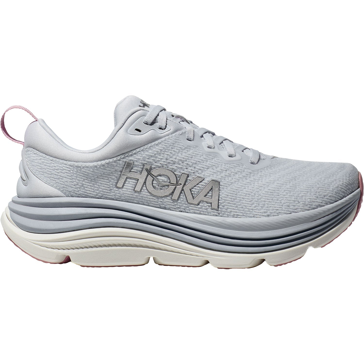 HOKA Gaviota 5 women's running shoe in sea ice gray with pink accents