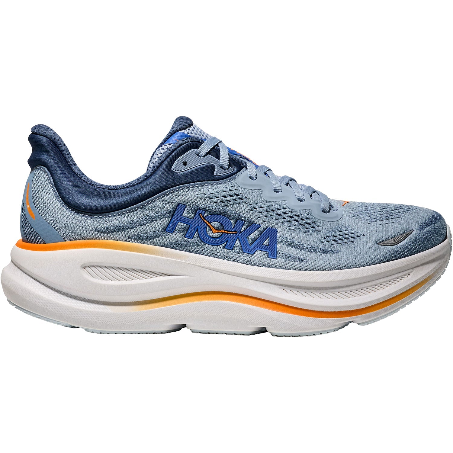 Hoka Bondi 9 men's running shoe in drizzle/downpour colorway with blue-grey upper