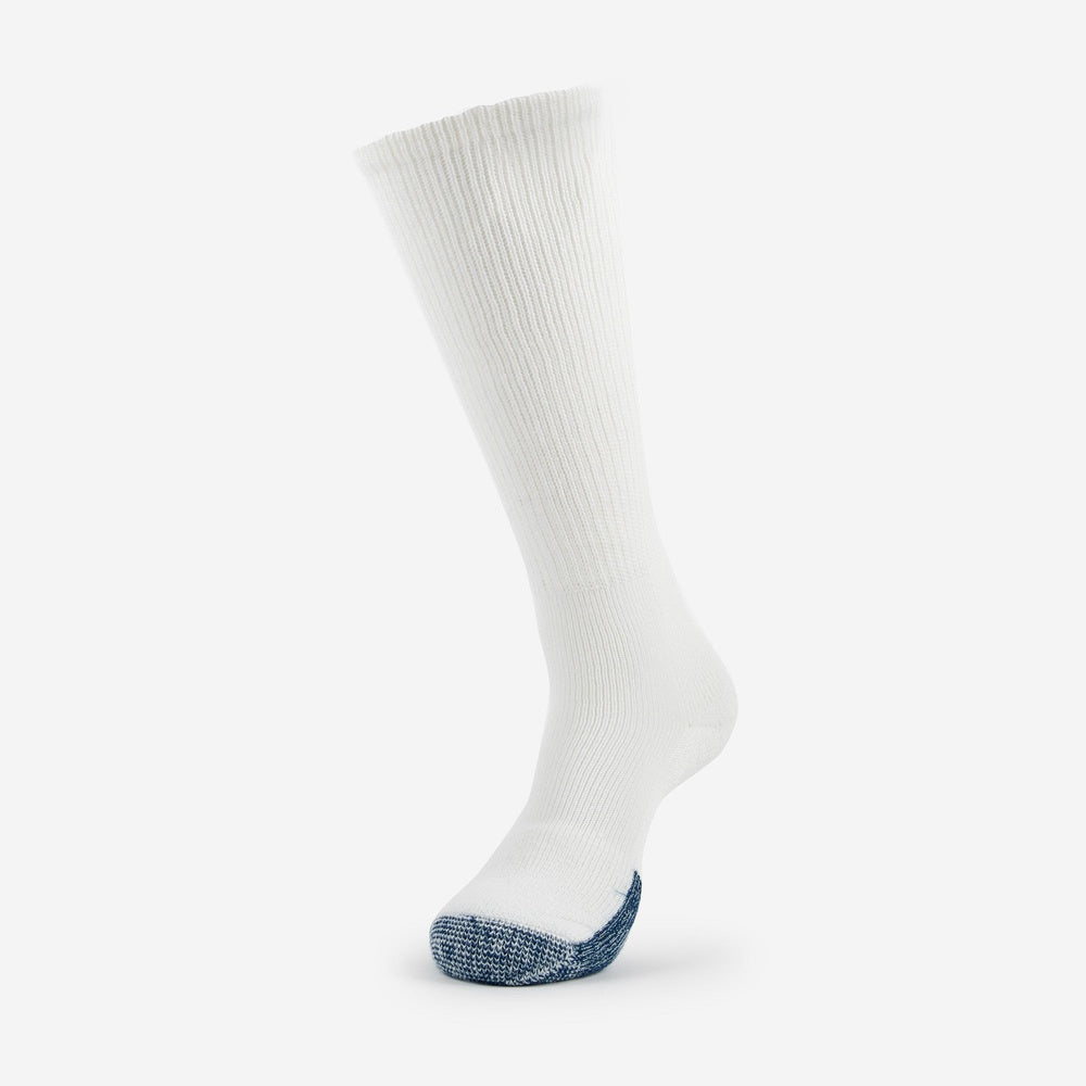 Thorlos white over-calf basketball sock with blue cushioned toe on neutral background