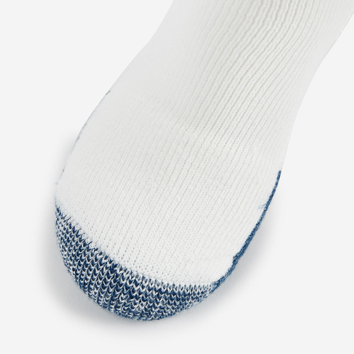 Thorlos Basketball Over Calf sock in white with blue cushioned toe and heel detail