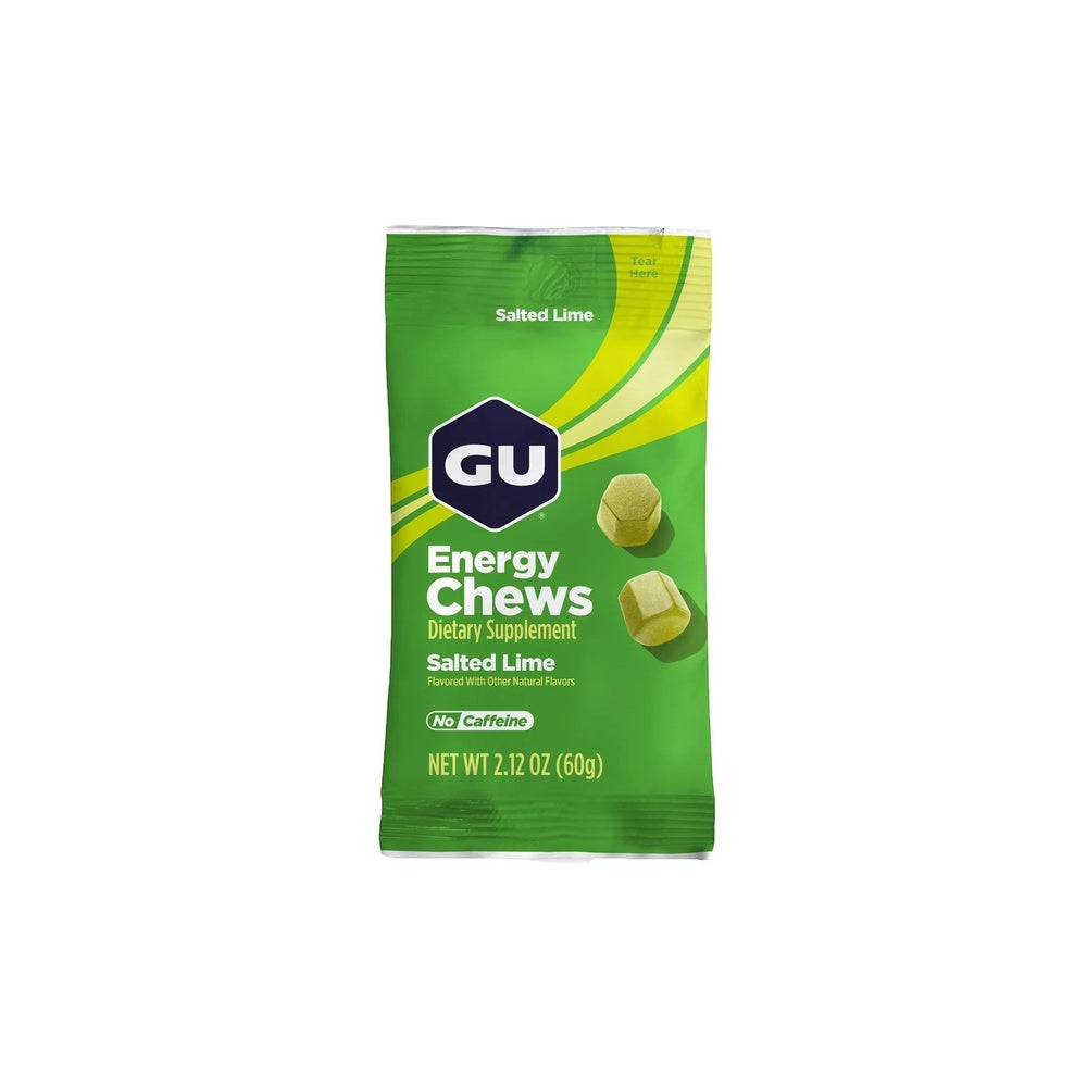 GU Energy Chews Salted Lime flavor bright green package dietary supplement 2.12 oz