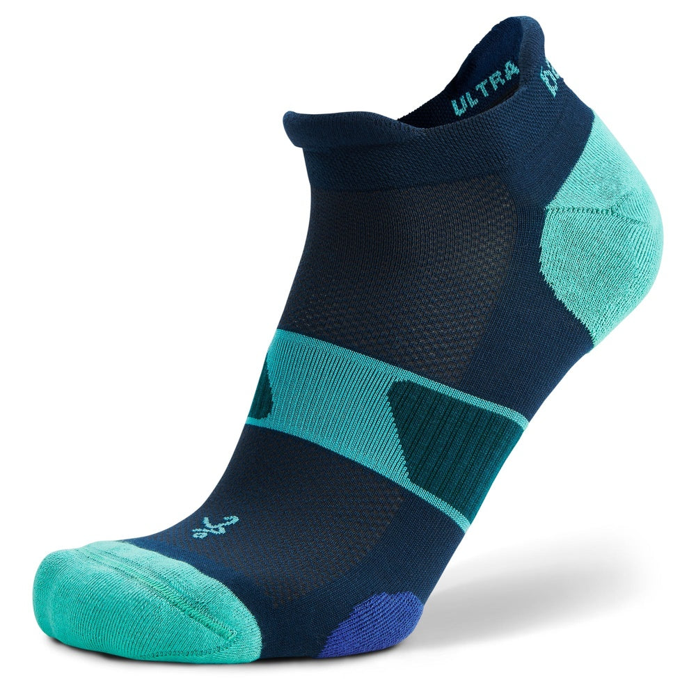 Balega UltraGlide no-show running sock in navy blue with turquoise heel and toe