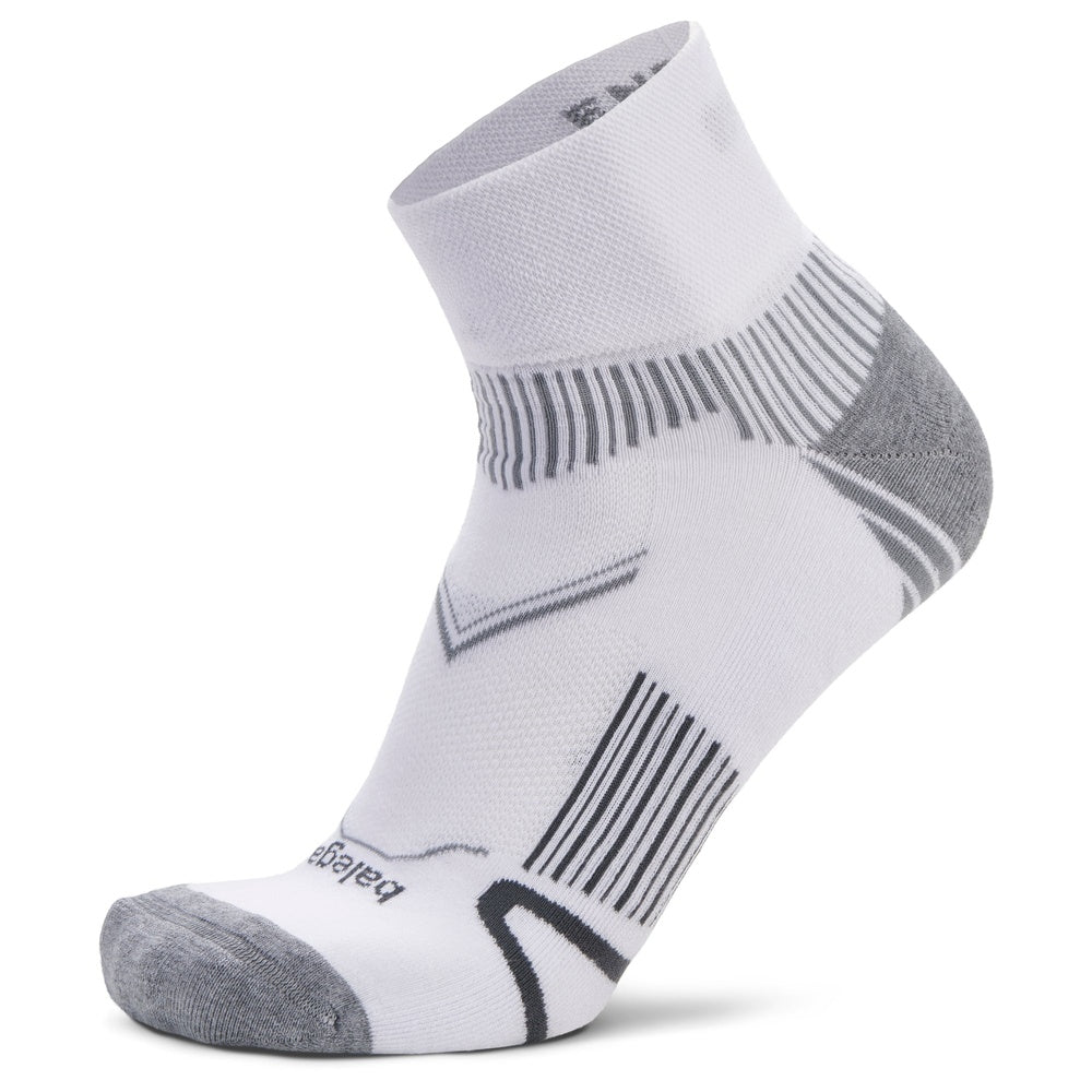 Balega Enduro quarter-length running sock in white with gray heel and toe reinforcement