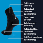 Black Balega hiking sock with labeled performance features on blue background